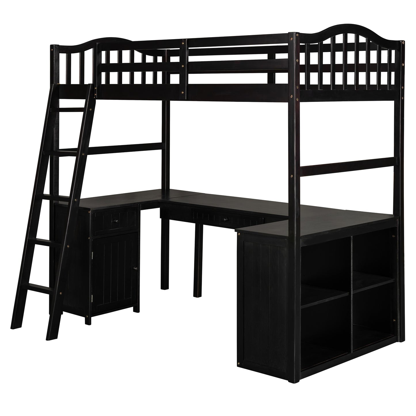 Modern Classic Dark Brown Twin Loft Bed with Book Shelf  Desk and Cabinet