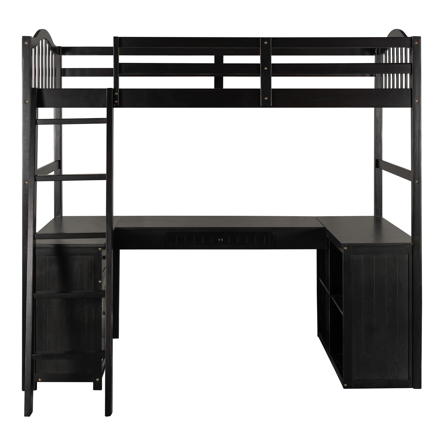 Modern Classic Dark Brown Twin Loft Bed with Book Shelf  Desk and Cabinet