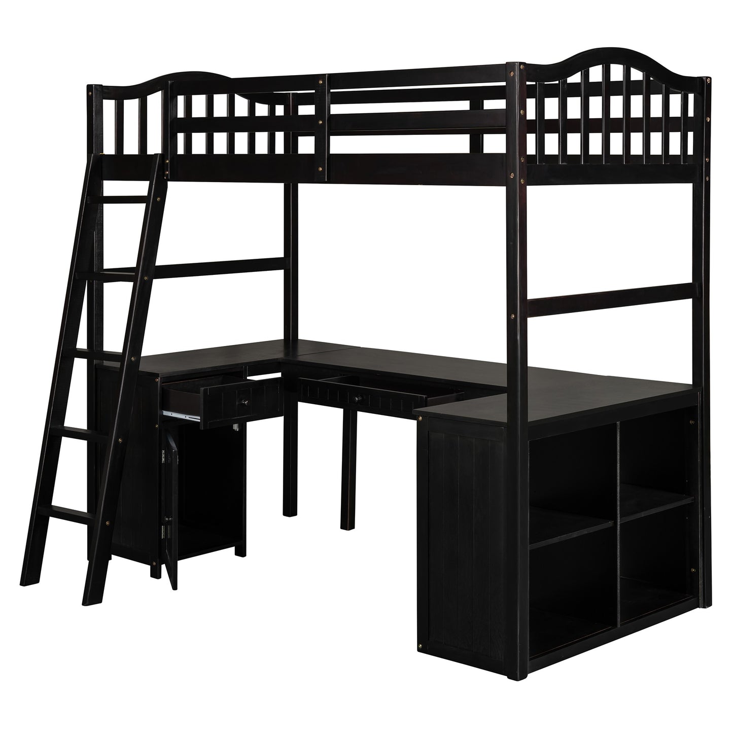 Modern Classic Dark Brown Twin Loft Bed with Book Shelf  Desk and Cabinet