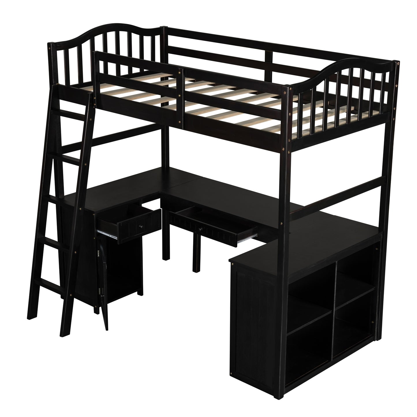 Modern Classic Dark Brown Twin Loft Bed with Book Shelf  Desk and Cabinet