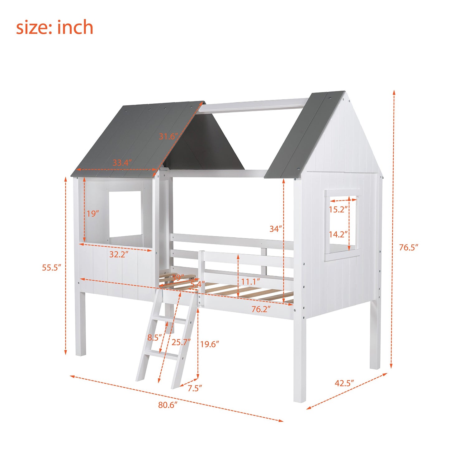 Gray and White Twin Size Loft House Bed with Side Windows