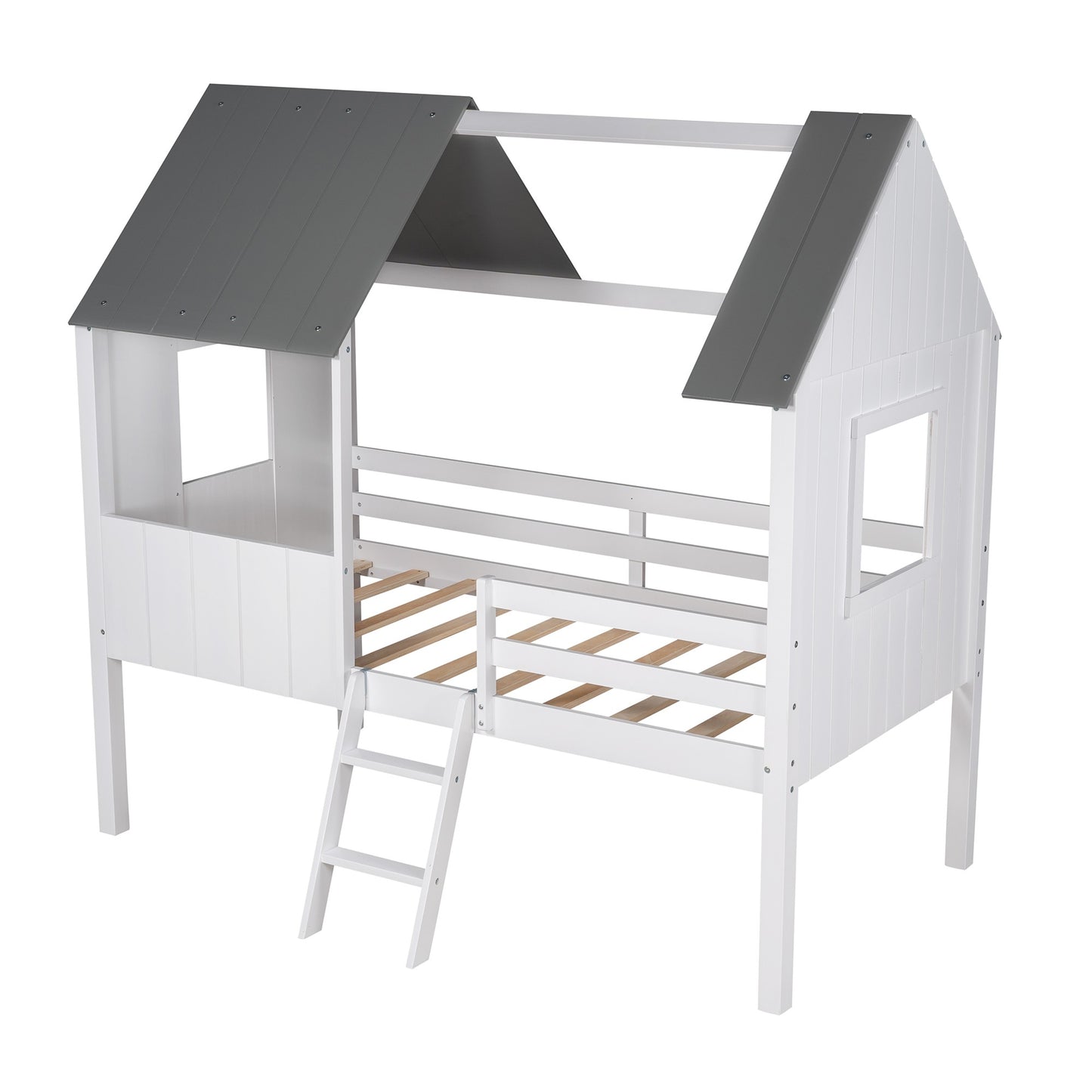 Gray and White Twin Size Loft House Bed with Side Windows