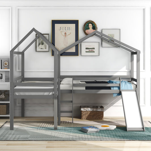Gray L-Shaped Double Twin Size Loft Bed