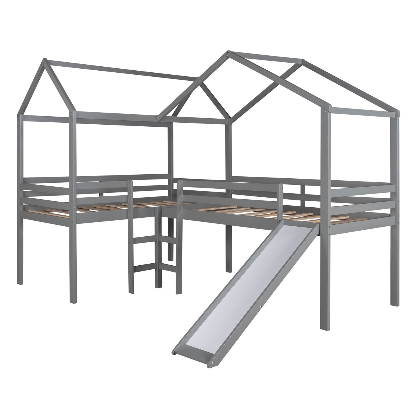 Gray L-Shaped Double Twin Size Loft Bed