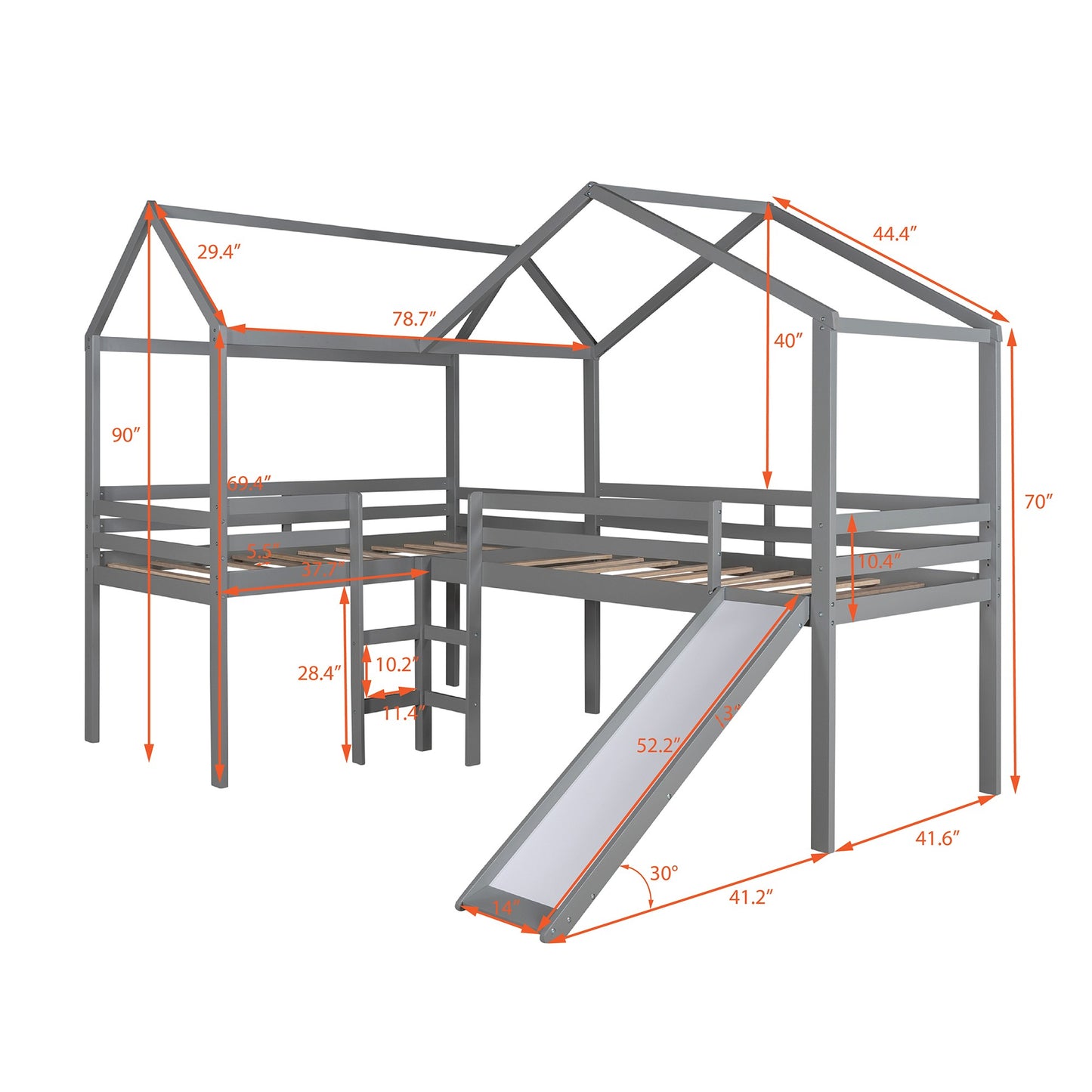 Gray L-Shaped Double Twin Size Loft Bed