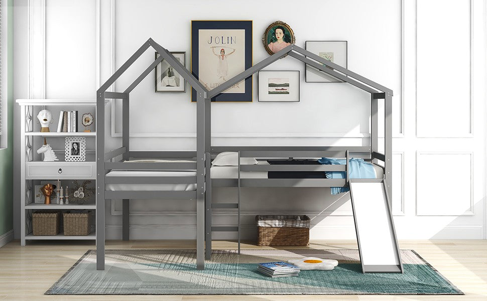 Gray L-Shaped Double Twin Size Loft Bed