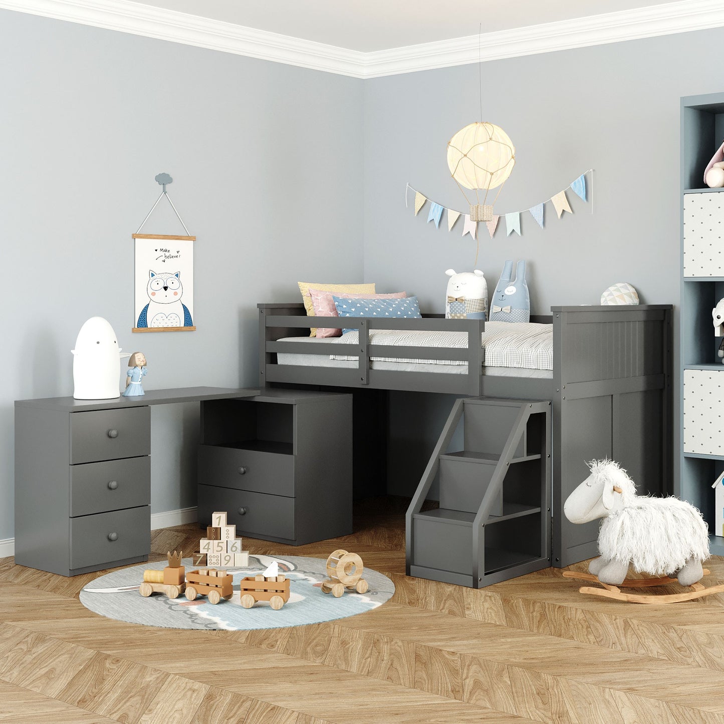 Gray Twin Size Low Loft Bed With Portable Desk