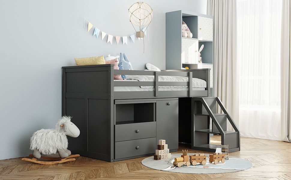 Gray Twin Size Low Loft Bed With Portable Desk