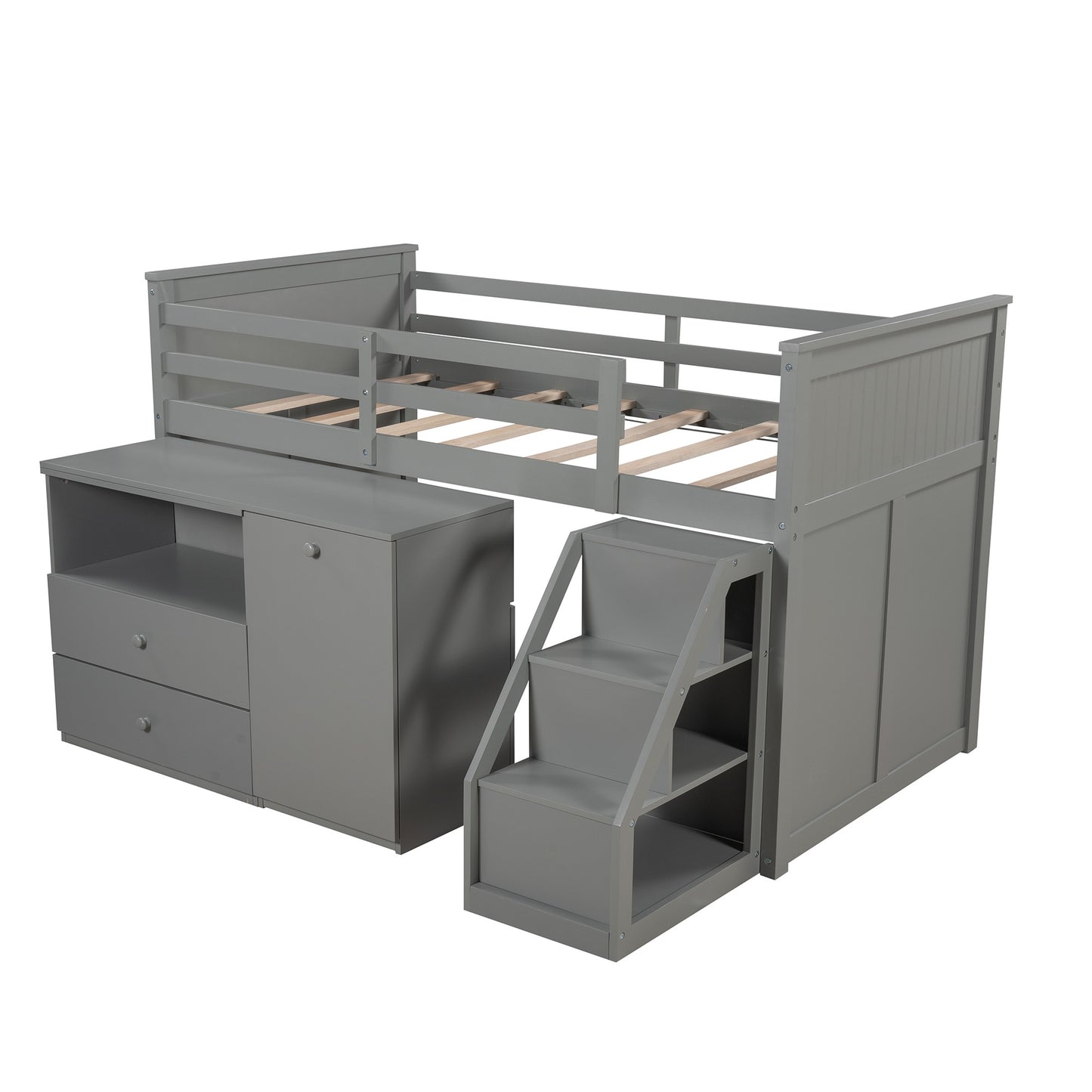 Gray Twin Size Low Loft Bed With Portable Desk