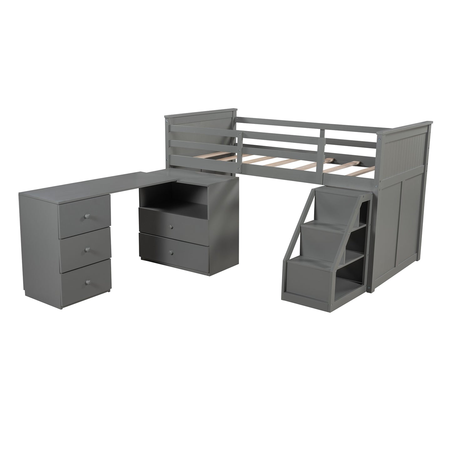 Gray Twin Size Low Loft Bed With Portable Desk