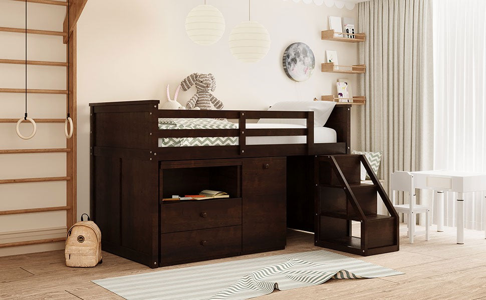 Brown Twin Size Low Loft Bed With Portable Desk