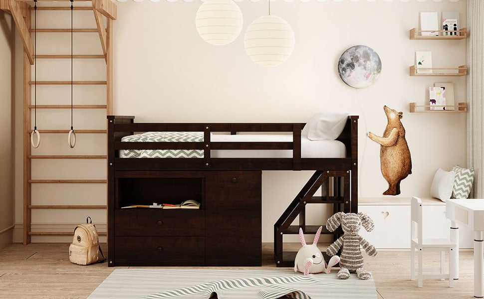 Brown Twin Size Low Loft Bed With Portable Desk