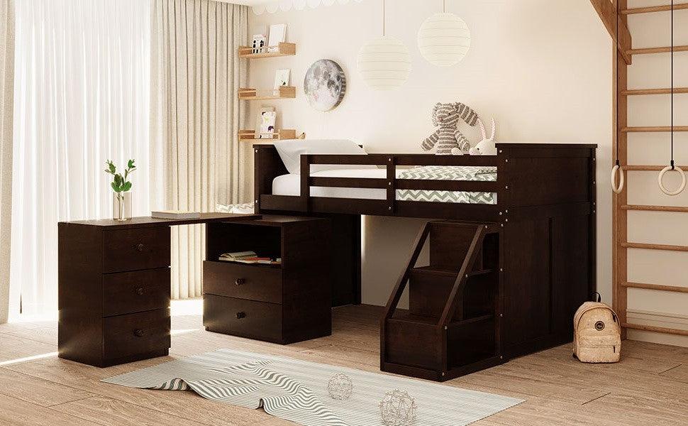 Brown Twin Size Low Loft Bed With Portable Desk