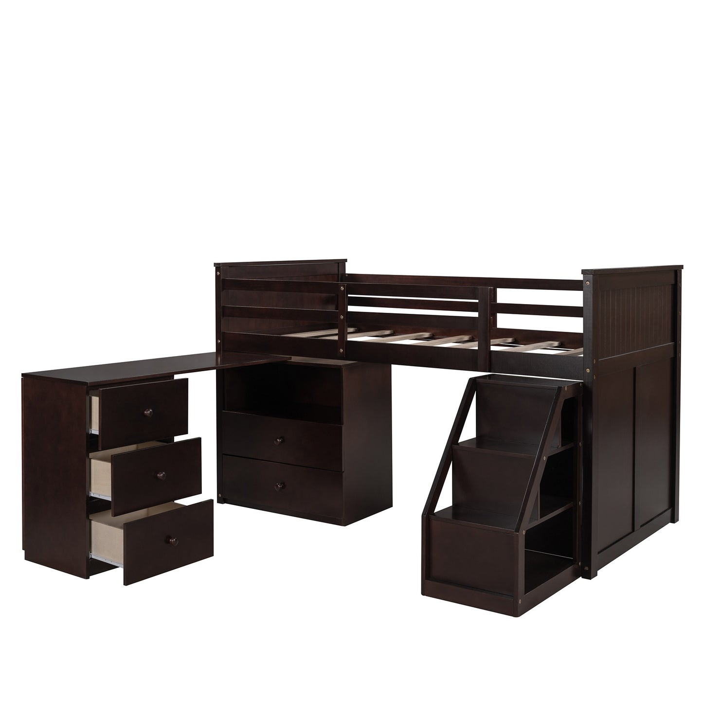 Brown Twin Size Low Loft Bed With Portable Desk