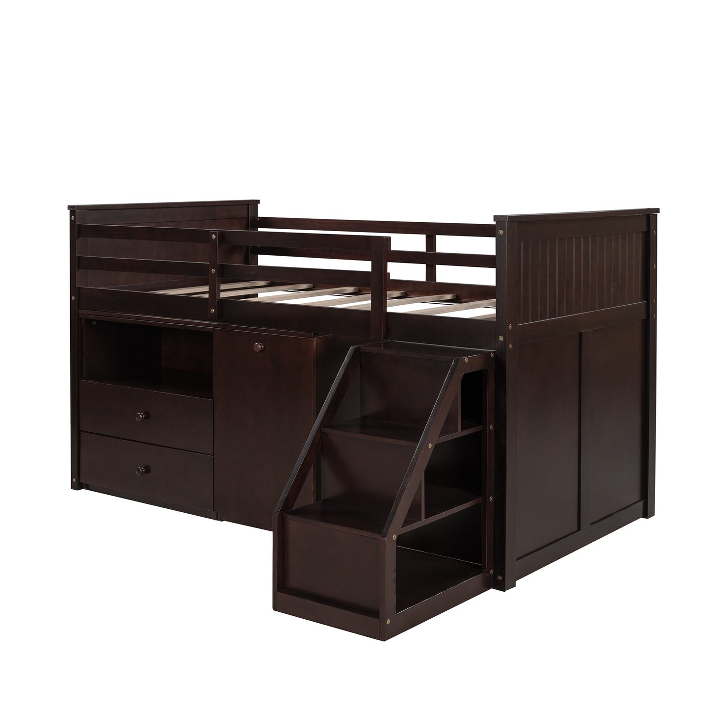 Brown Twin Size Low Loft Bed With Portable Desk