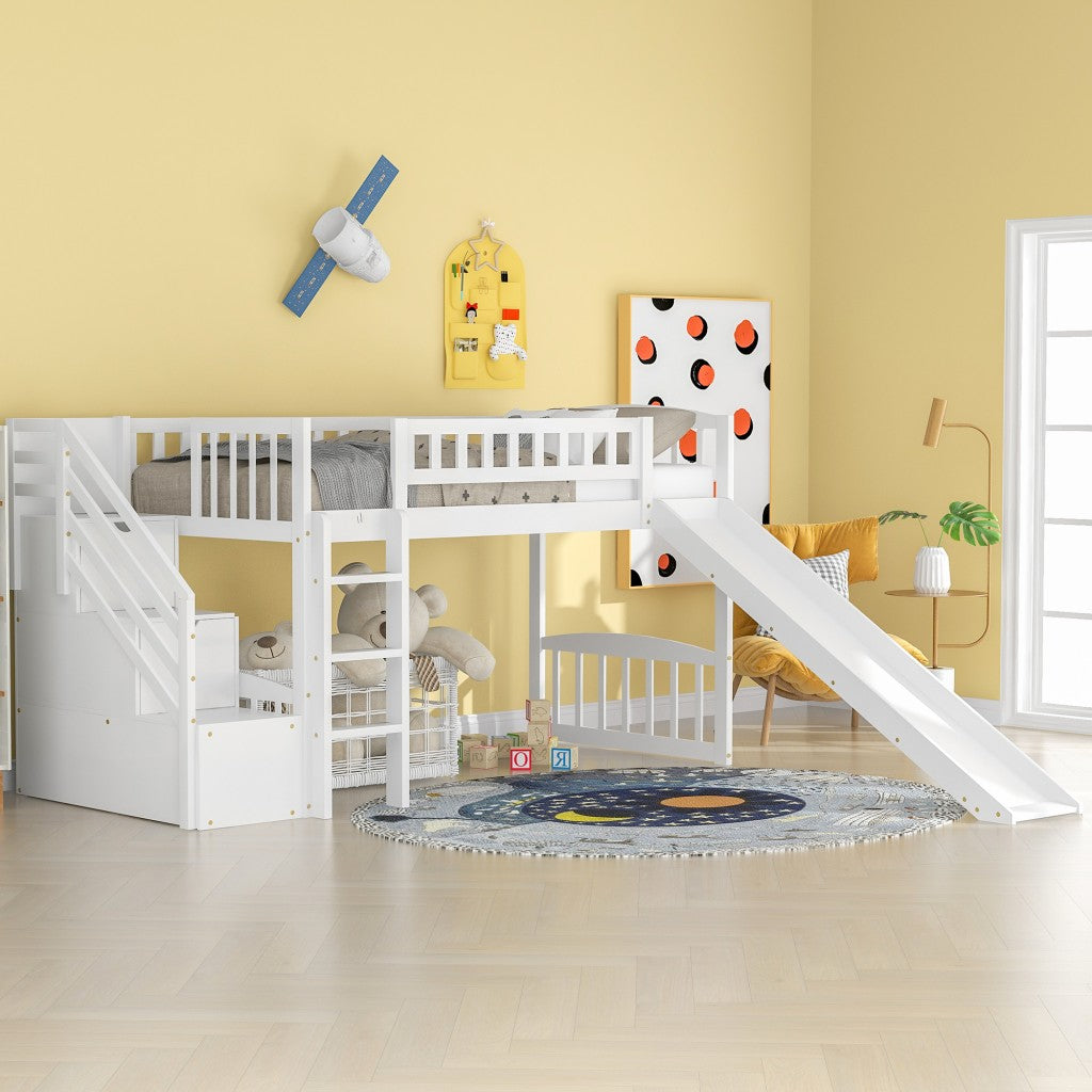 White Twin Size Stairway Loft Bed With Slide