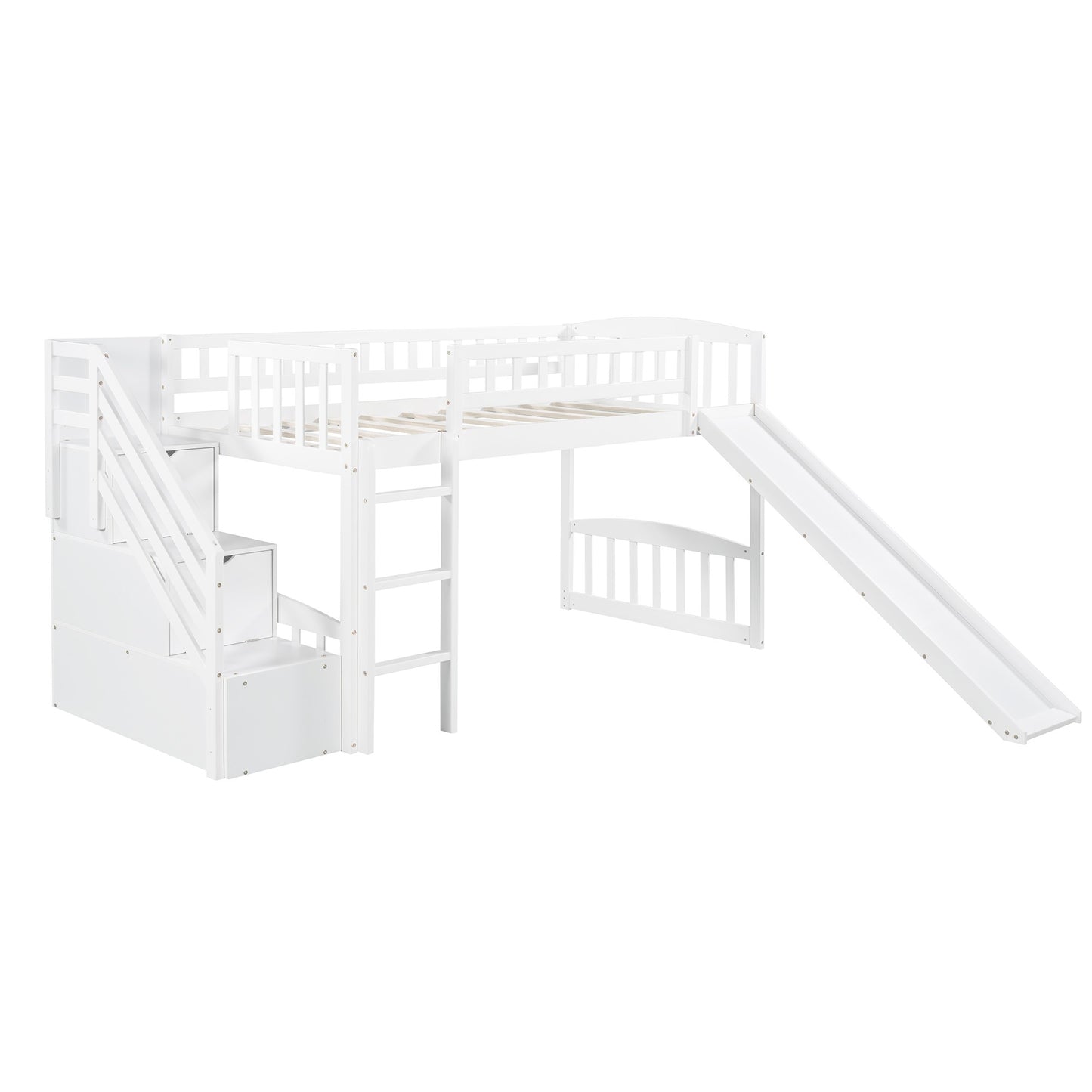 White Twin Size Stairway Loft Bed With Slide