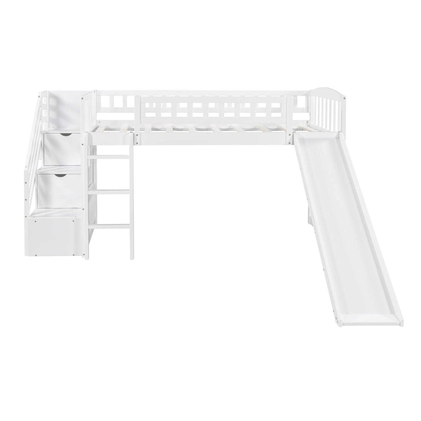 White Twin Size Stairway Loft Bed With Slide