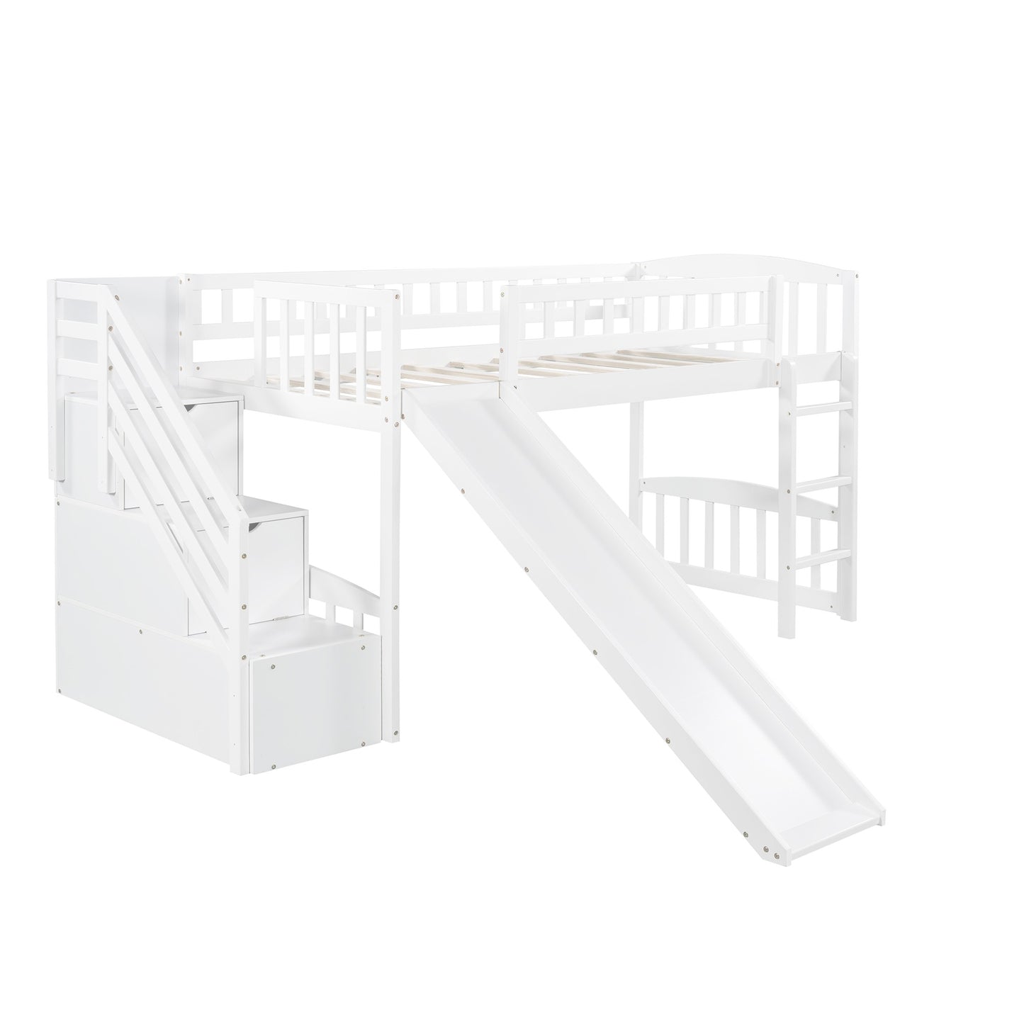 White Twin Size Stairway Loft Bed With Slide