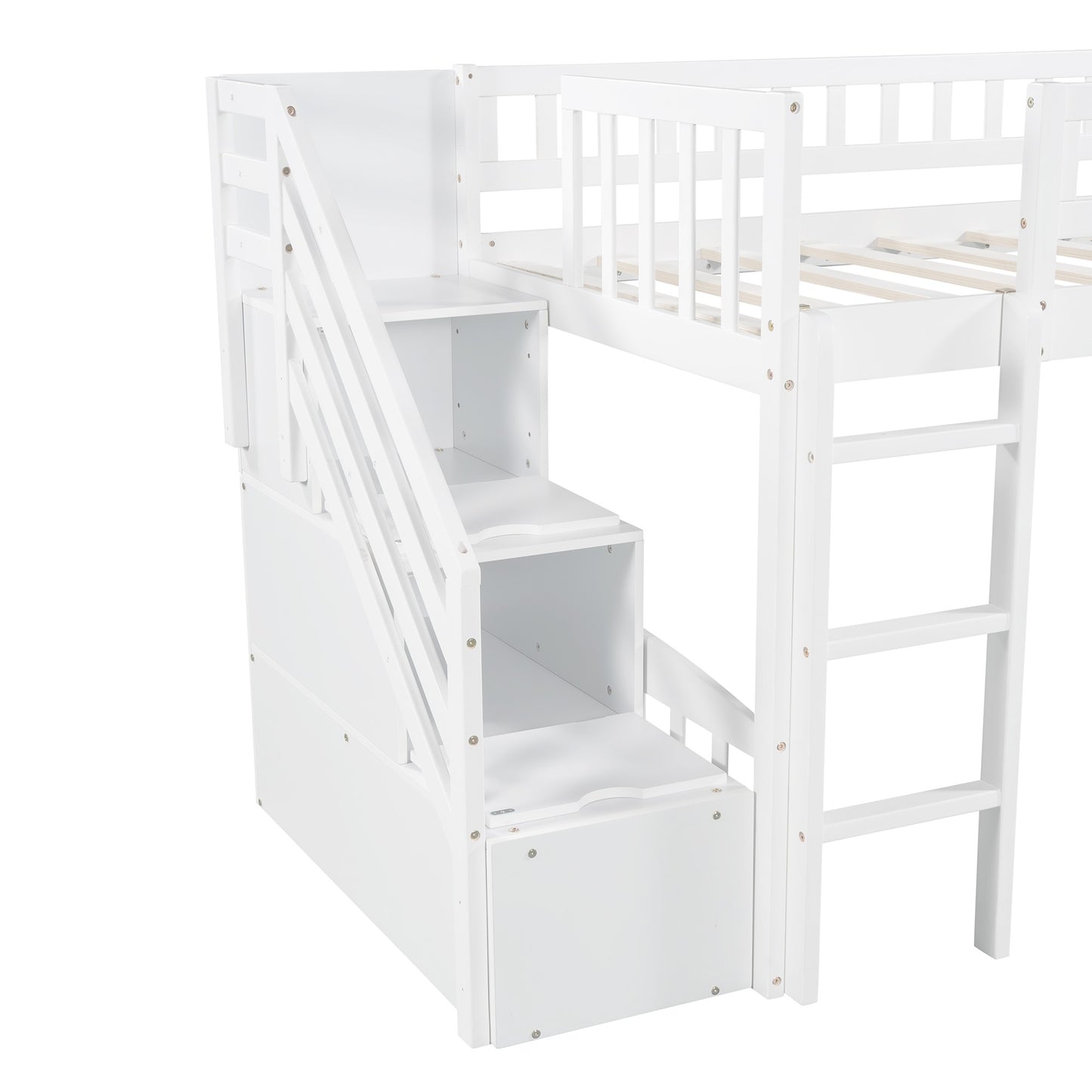 White Twin Size Stairway Loft Bed With Slide