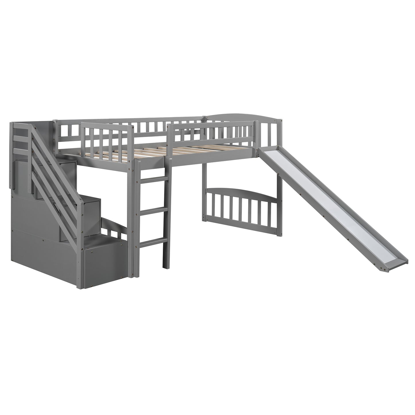 Gray Twin Size Stairway Loft Bed With Slide