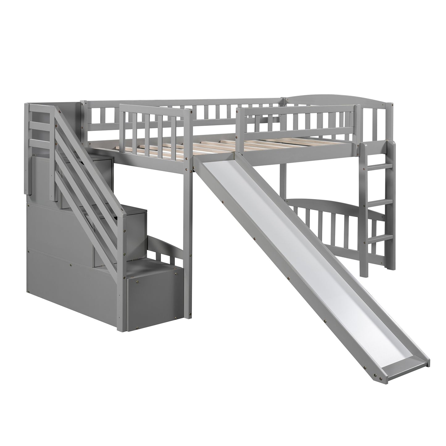 Gray Twin Size Stairway Loft Bed With Slide