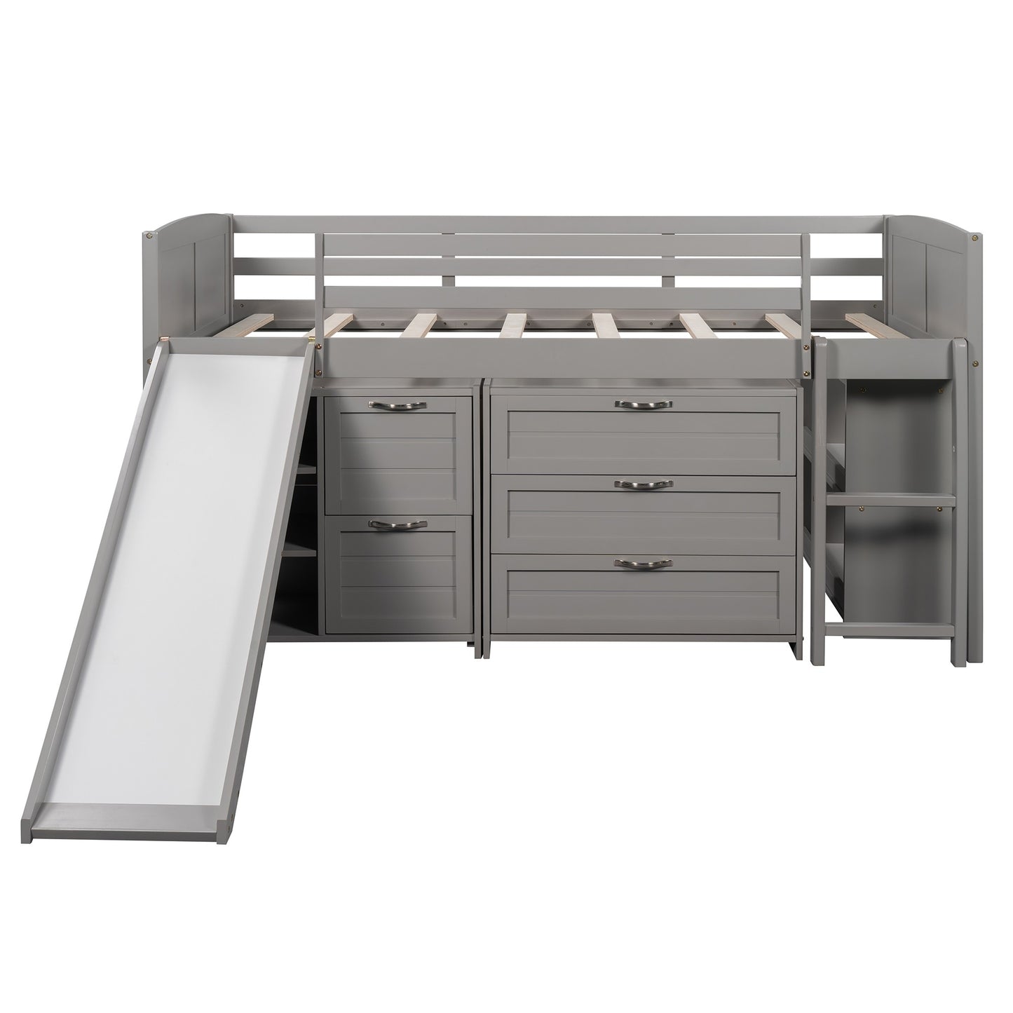 Gray Twin Size Low Loft Bed With Cabinets and Slide