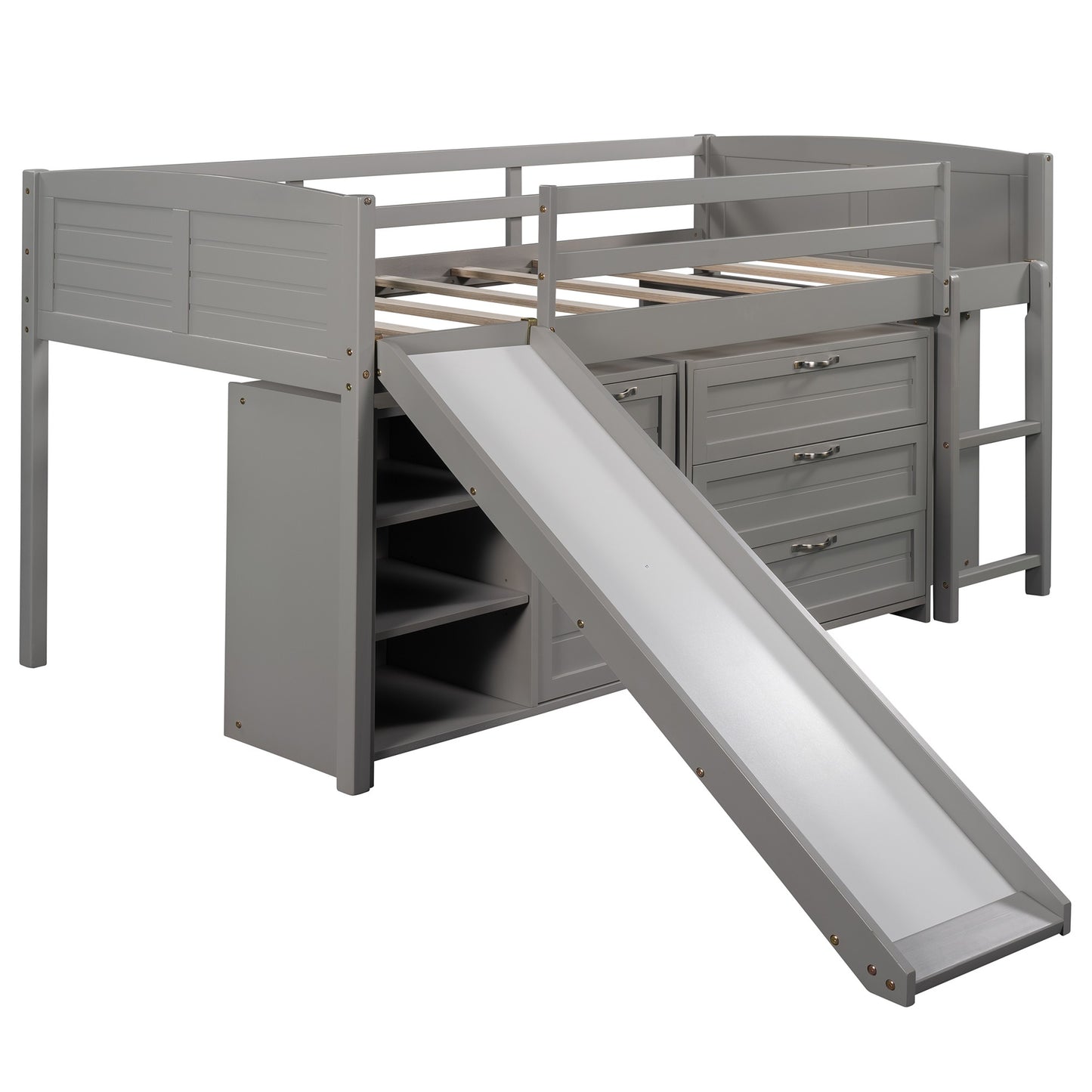 Gray Twin Size Low Loft Bed With Cabinets and Slide