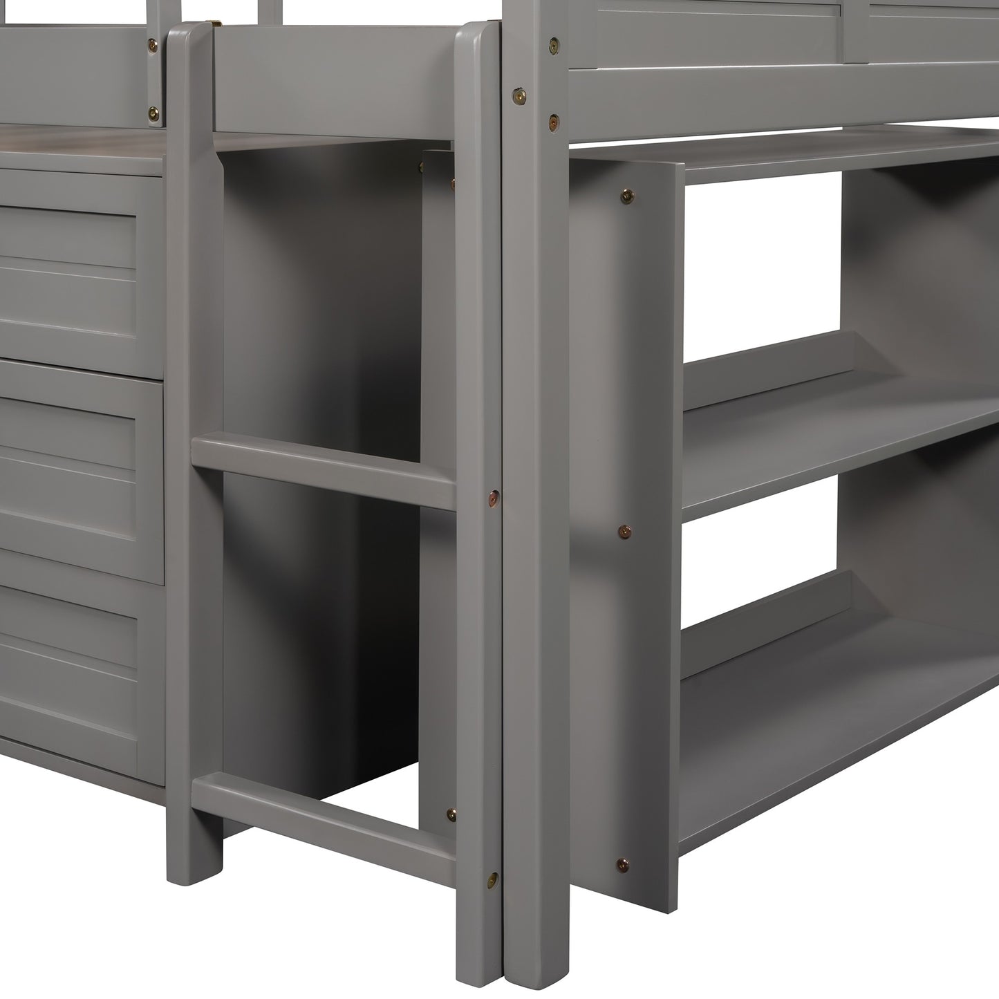 Gray Twin Size Low Loft Bed With Cabinets and Slide