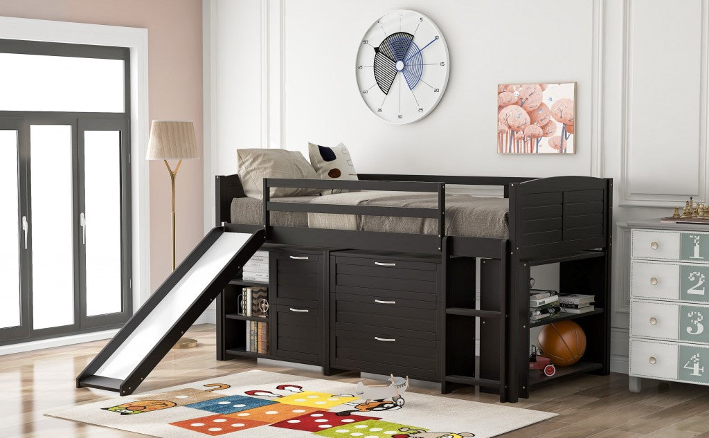 Brown Twin Size Low Loft Bed With Cabinets and Slide