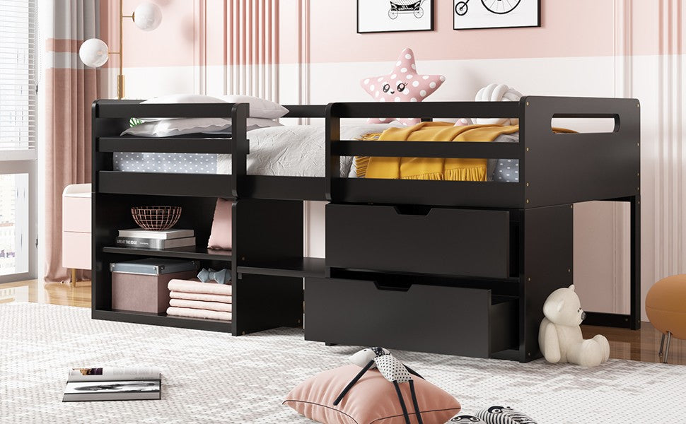 Brown Twin Size Low Loft Bed With Shelves and Drawers