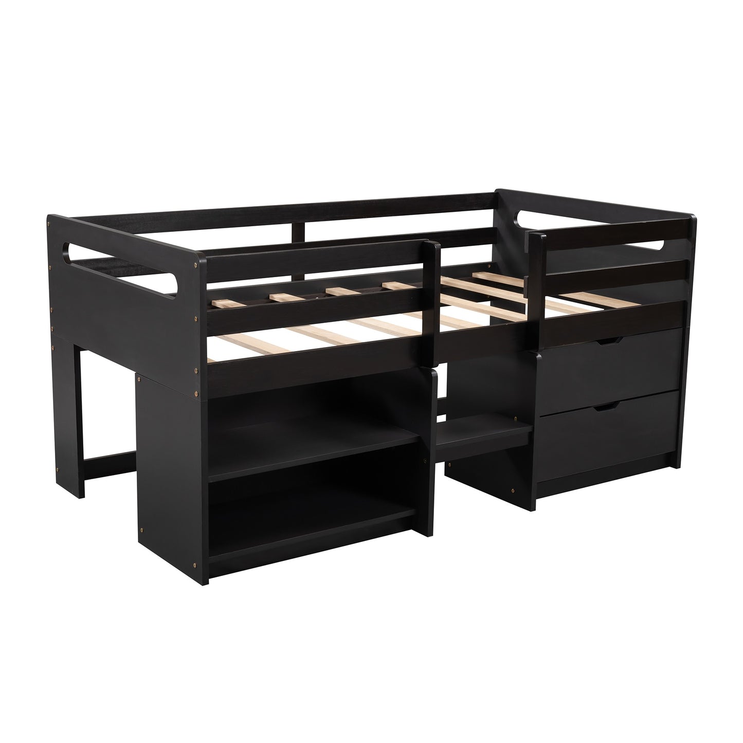 Brown Twin Size Low Loft Bed With Shelves and Drawers