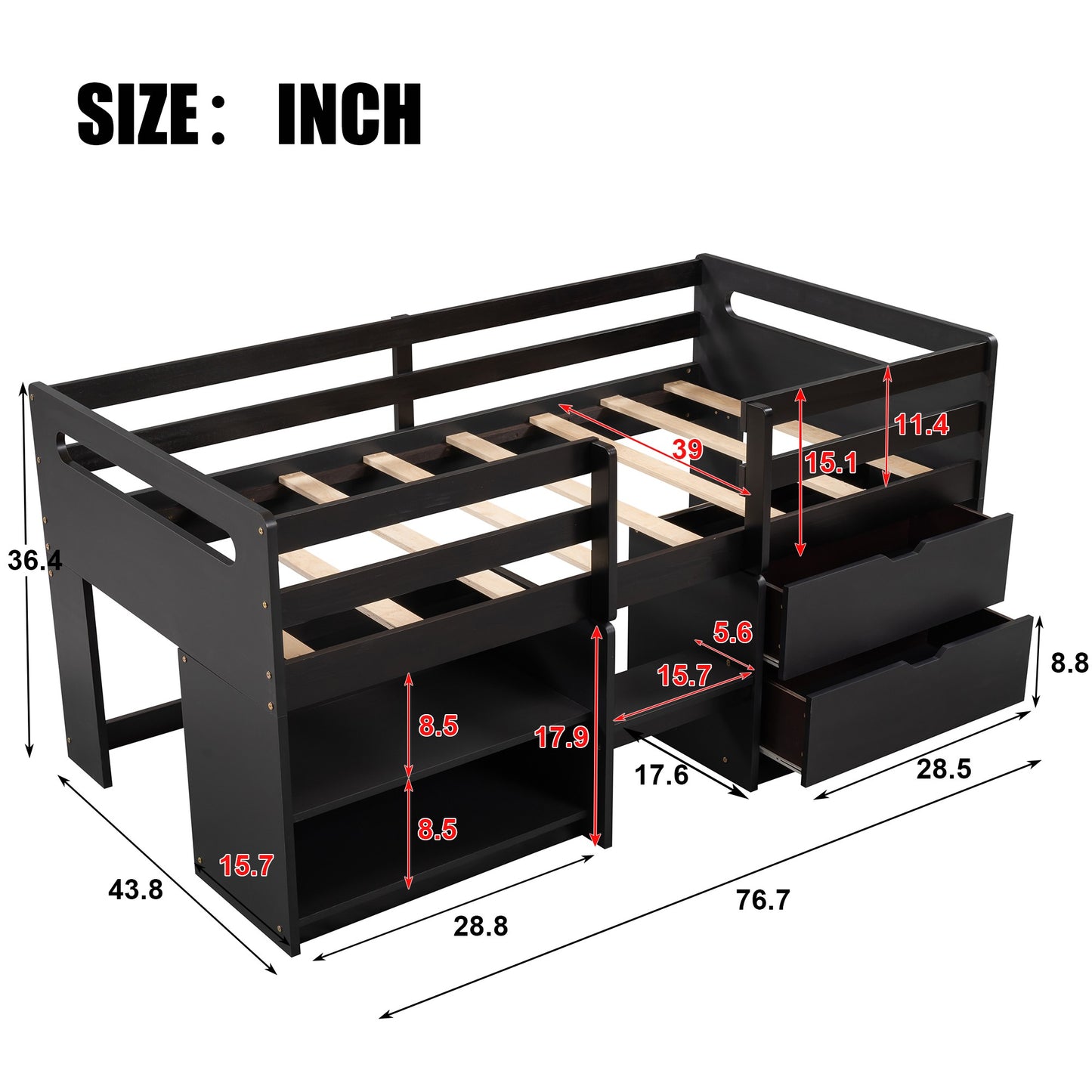 Brown Twin Size Low Loft Bed With Shelves and Drawers