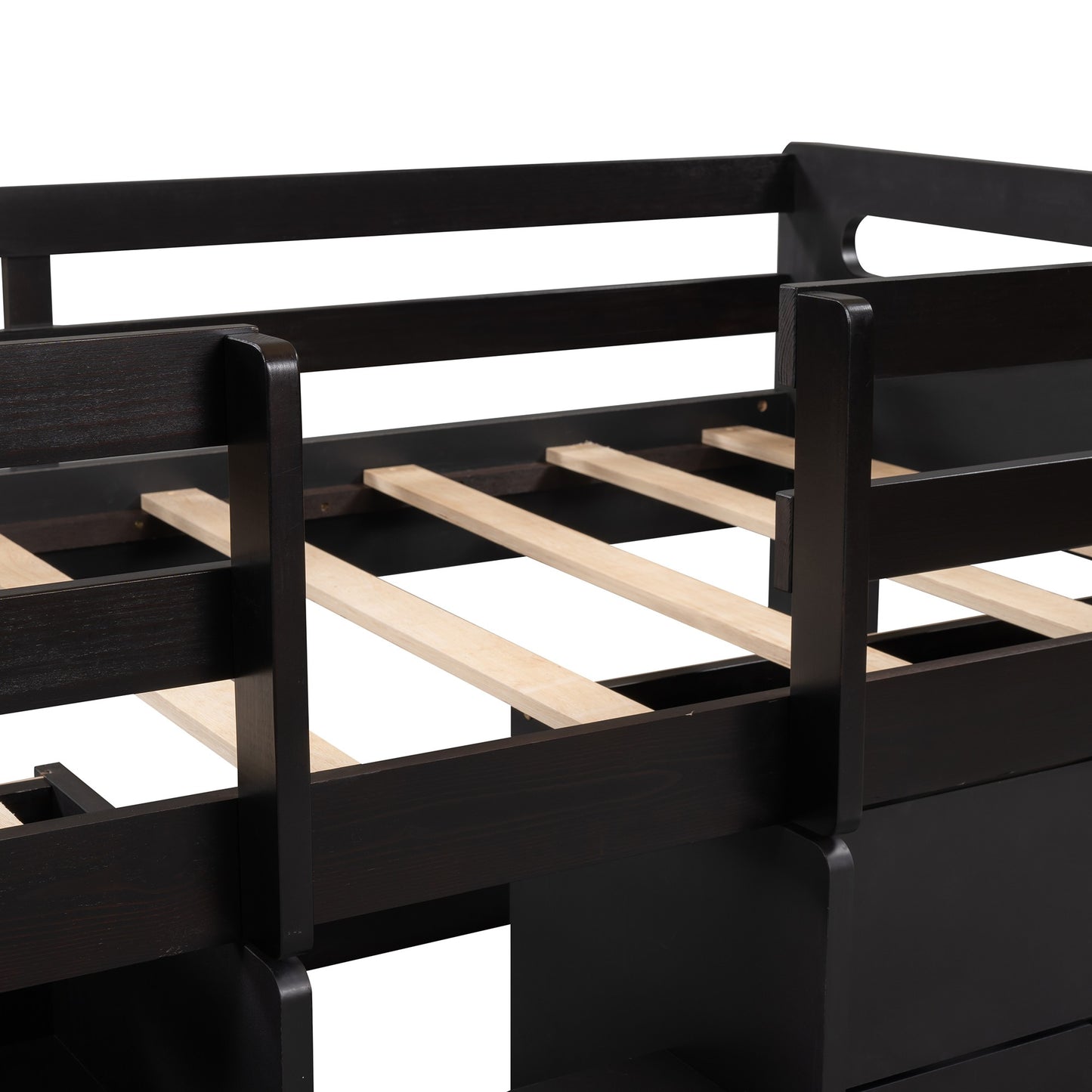 Brown Twin Size Low Loft Bed With Shelves and Drawers