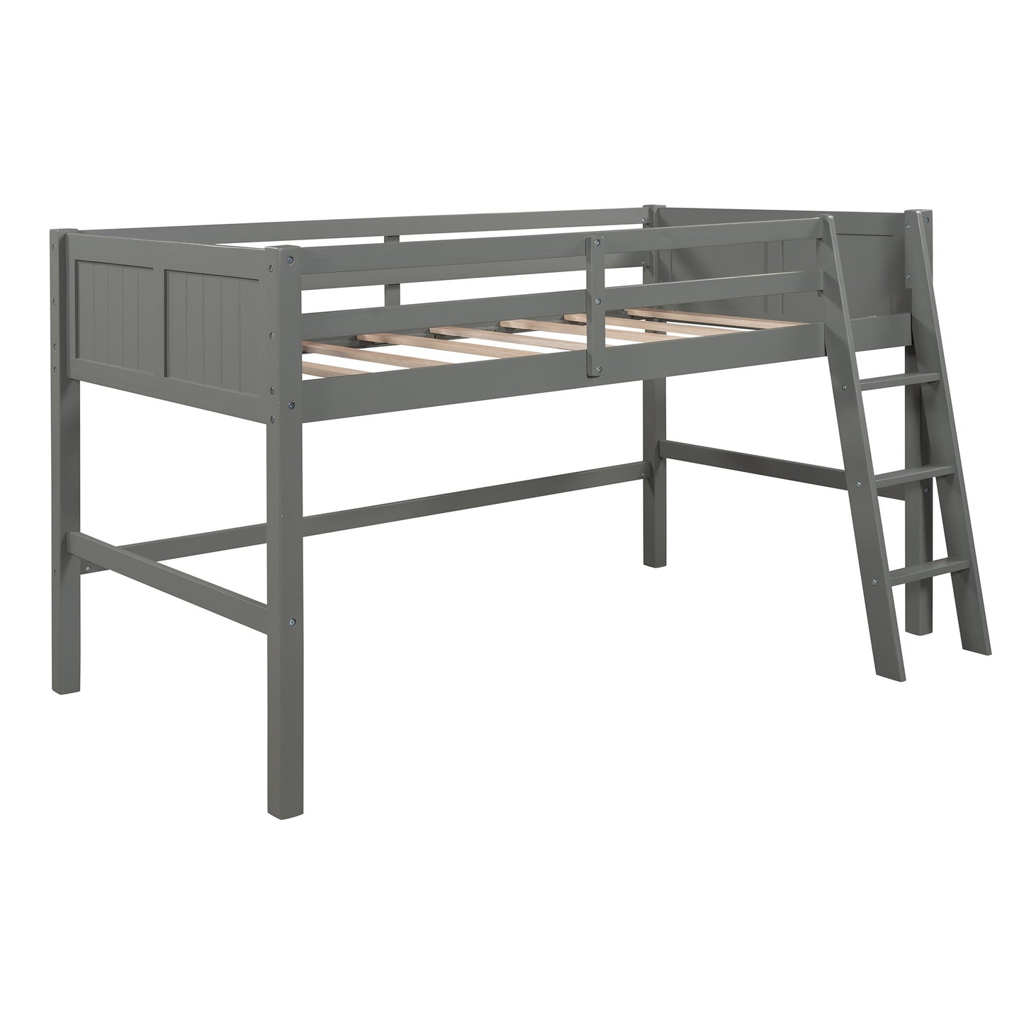 Gray Twin Size Low Loft Bed With Ladder