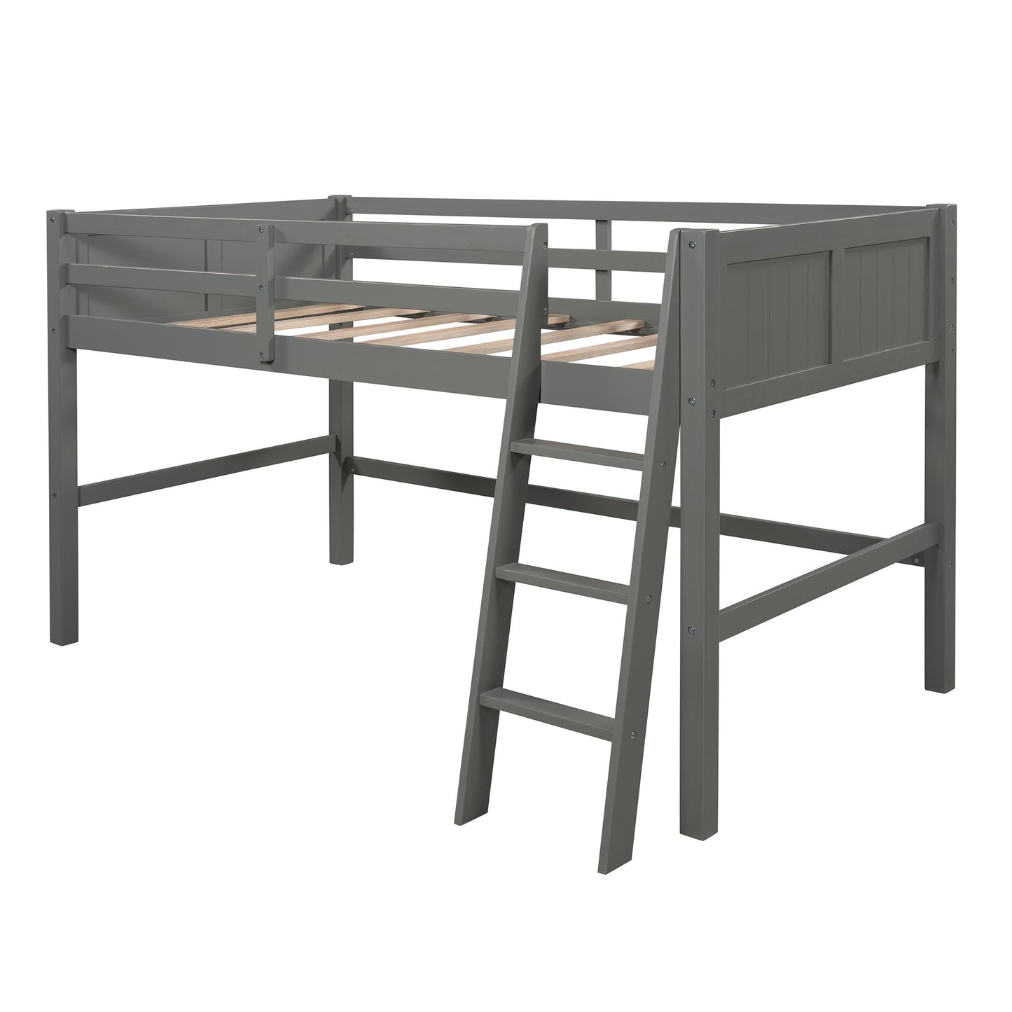 Gray Twin Size Low Loft Bed With Ladder