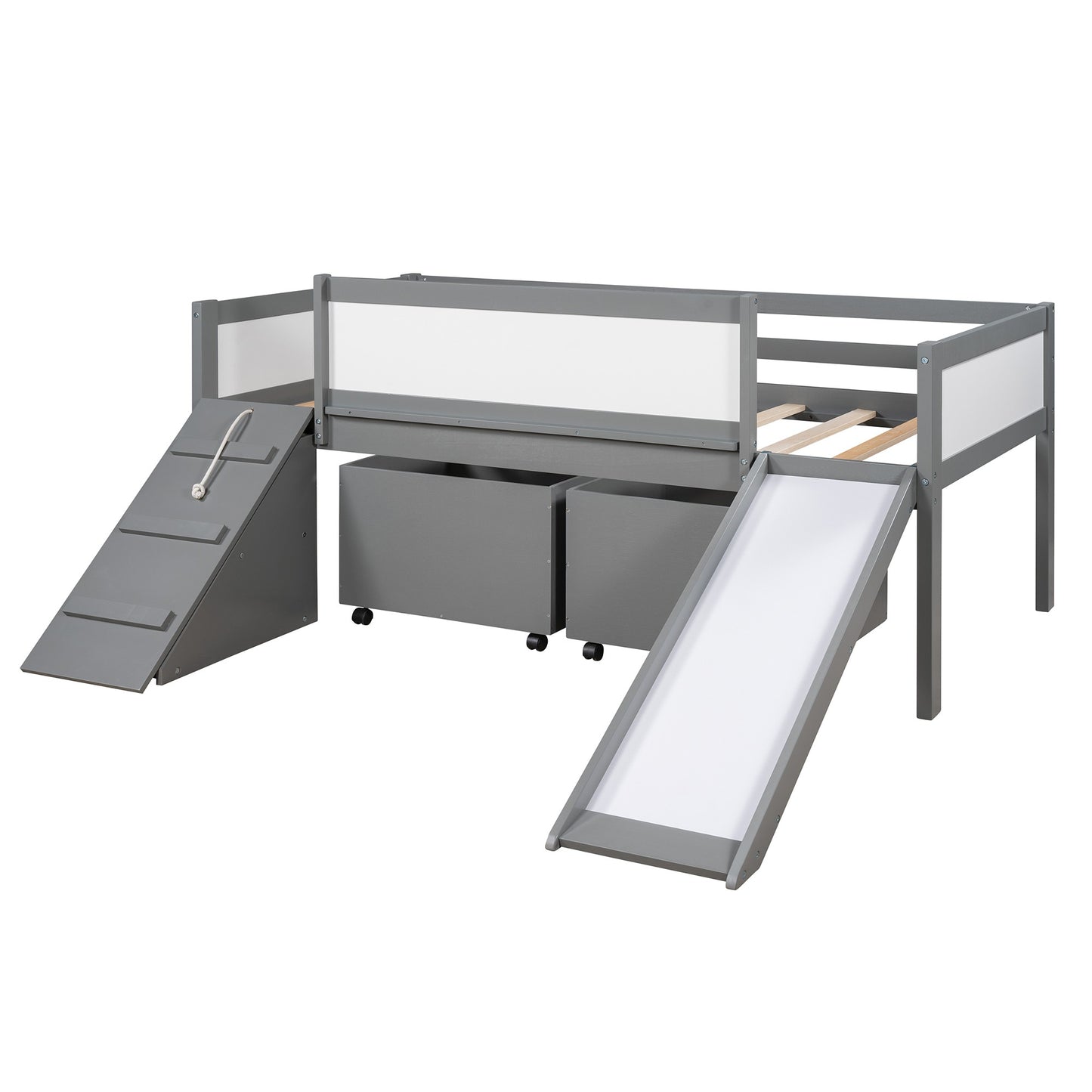 Gray Twin Size Low Slide Loft Bed With Storage Boxes