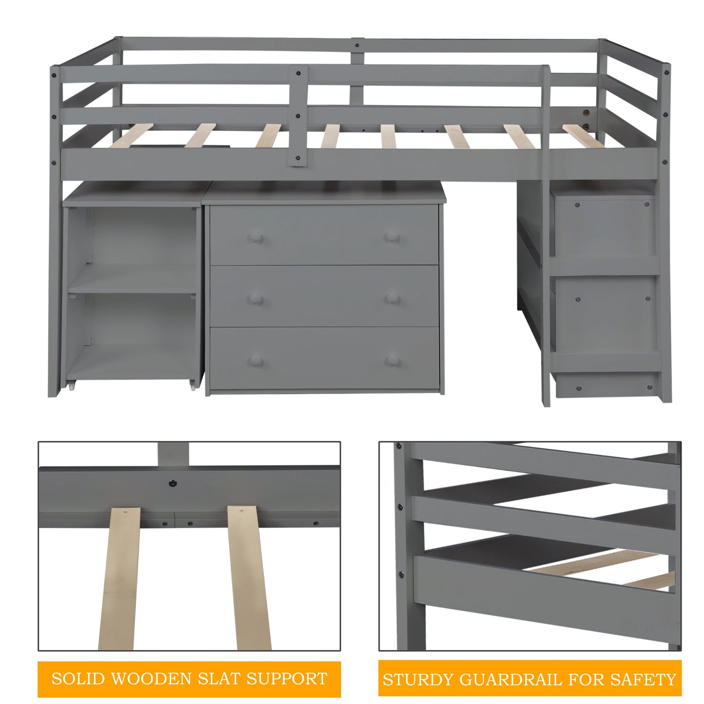 Gray Low Twin Loft Bed With Cabinet and Desk