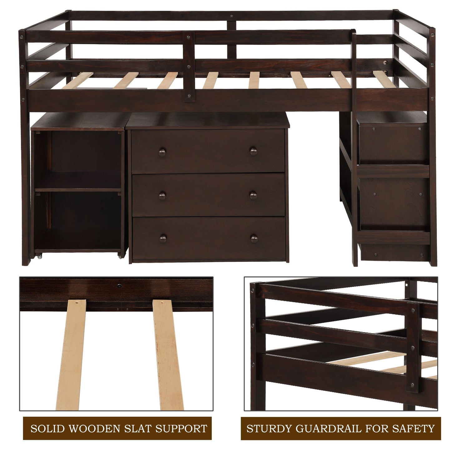 Brown Low Twin Loft Bed With Cabinet and Desk