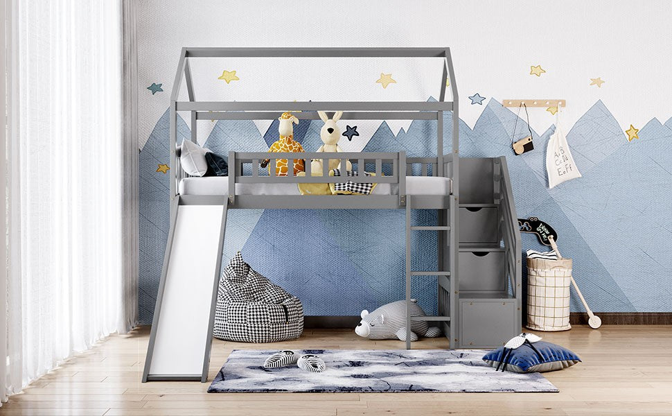 Cool Gray Twin Size Loft Bed with Slide and Storage