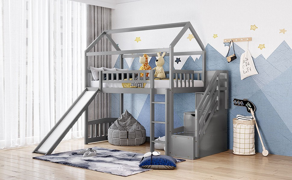 Cool Gray Twin Size Loft Bed with Slide and Storage