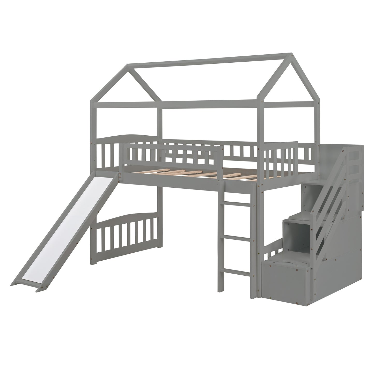 Cool Gray Twin Size Loft Bed with Slide and Storage