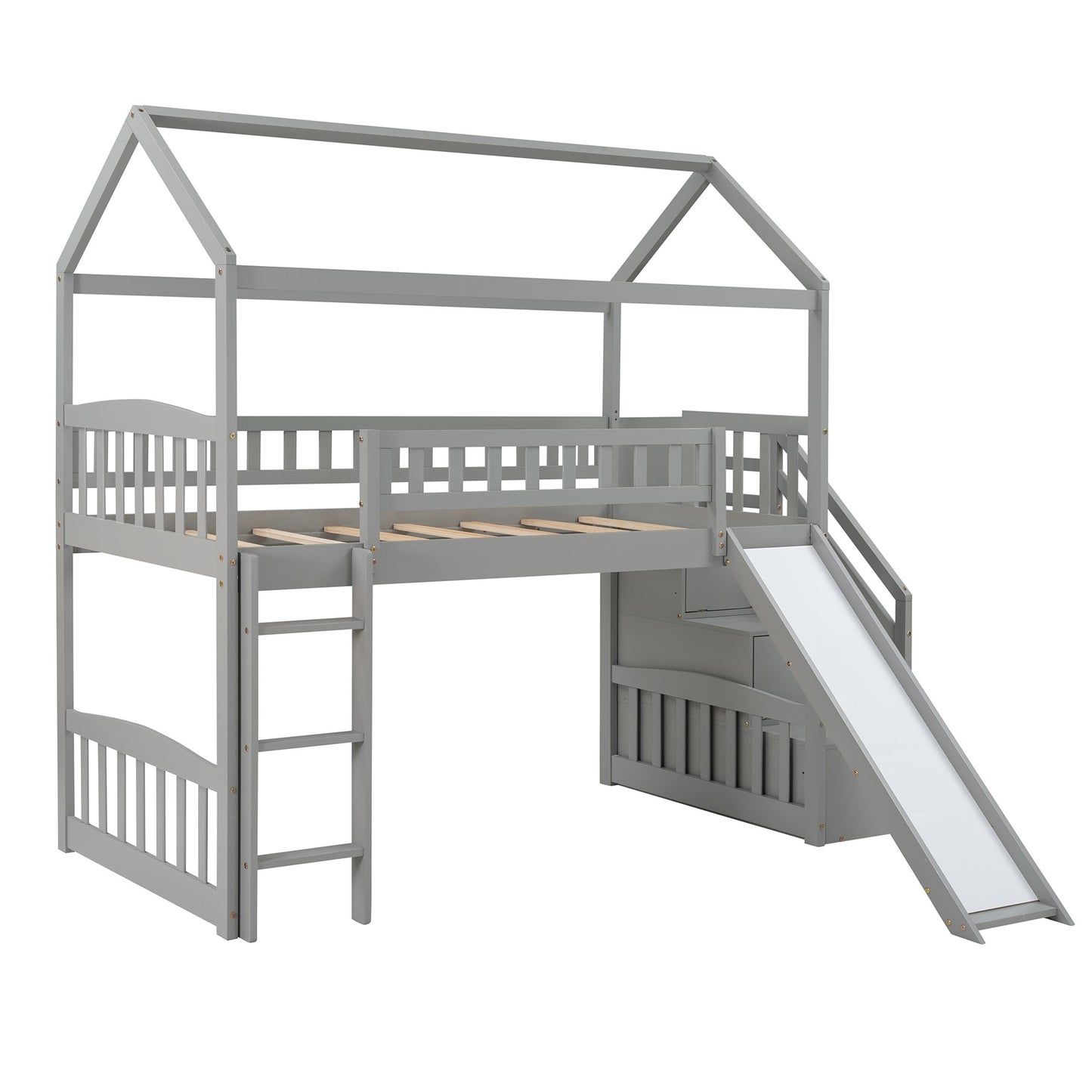 Cool Gray Twin Size Loft Bed with Slide and Storage