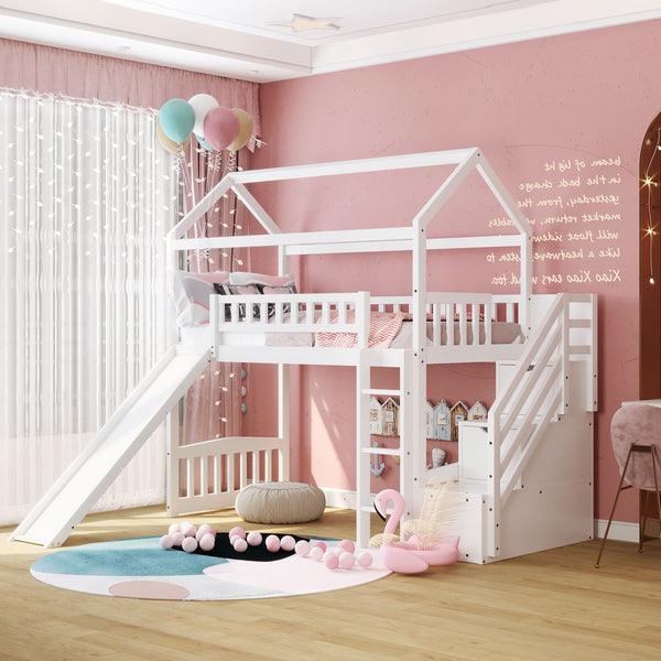 Cool White Twin Size Loft Bed with Slide and Storage