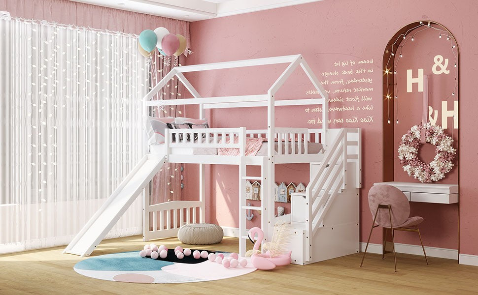 Cool White Twin Size Loft Bed with Slide and Storage