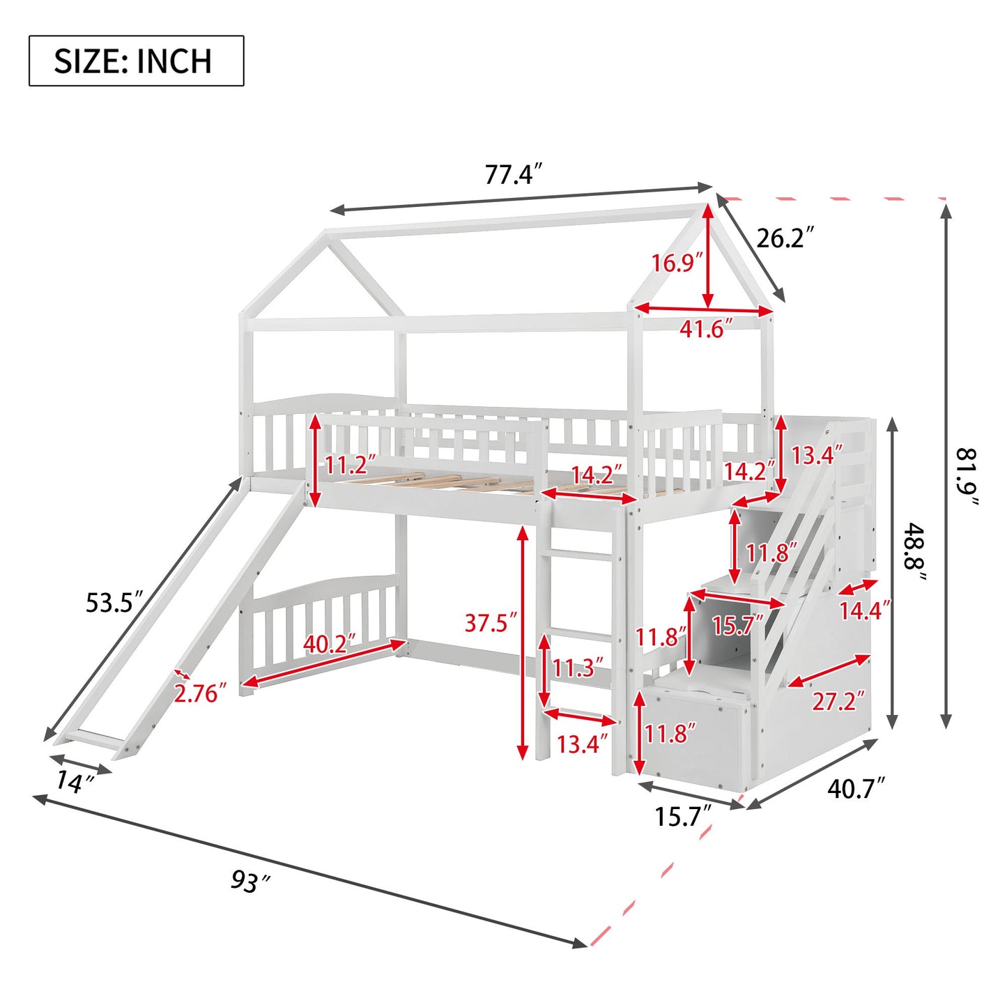 Cool White Twin Size Loft Bed with Slide and Storage