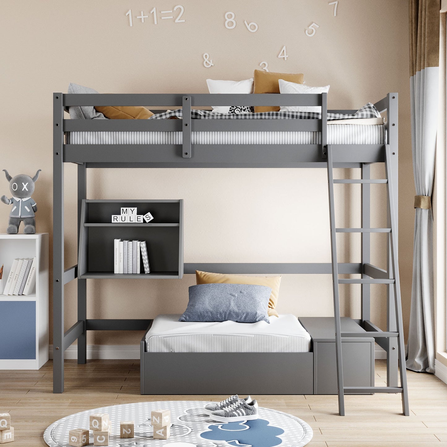 Gray Convertible Twin over Twin Bunk Bed with Storage