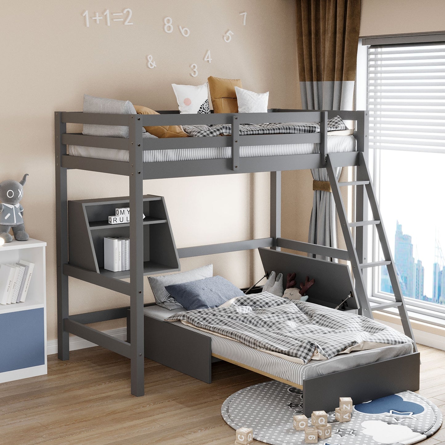 Gray Convertible Twin over Twin Bunk Bed with Storage