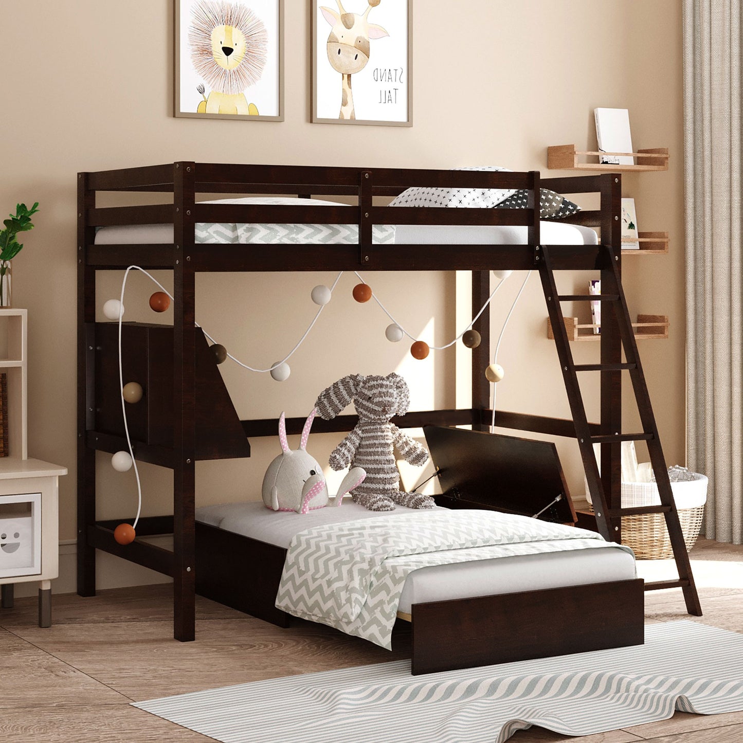 Dark Brown Convertible Twin over Twin Bunk Bed with Storage