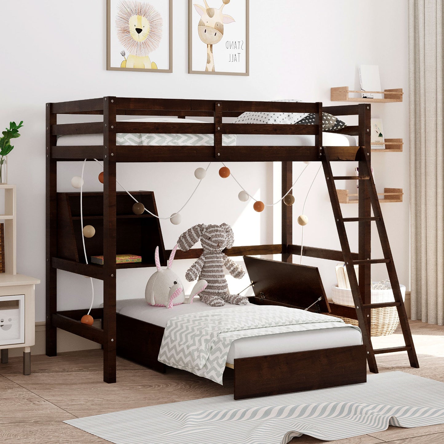 Dark Brown Convertible Twin over Twin Bunk Bed with Storage